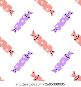 Colorful candy pattern featuring pink and purple wrapped sweets on a white background