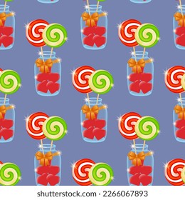 Farbiges Süßigkeitsmuster mit Lollipops, die in einem Glasgefäß stehen, das mit roten, herzförmigen Bonbons gefüllt ist und mit einer Satin-Schleife verbunden ist. Nahtloses Muster. Vektorgrafik.