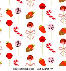 Colorful candy pattern with lollipops, strawberries, and candy canes on white background