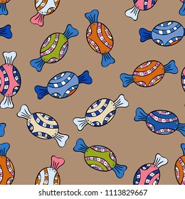Colorful Candy seamless. On beige, blue and black colors. Vector.
