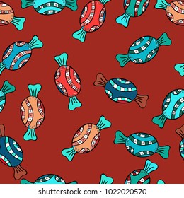 Colorful Candy seamless pattern. On red, blue and black colors. Vector.