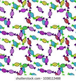 Colorful Candy seamless pattern. On white, black and blue colors. Vector.