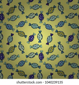 Colorful Candy seamless pattern. On yellow, blue and neutral colors. Vector.