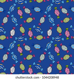Colorful Candy seamless pattern. On blue, black and green colors. Vector.