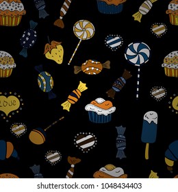 Colorful Candy seamless pattern. On black, blue and white colors. Vector.