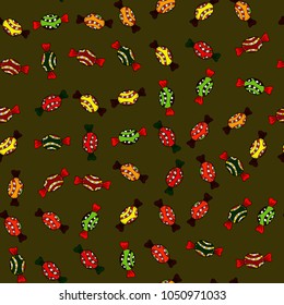 Colorful Candy seamless pattern. On brown, red and black colors. Vector.