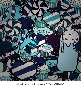 Colorful Candy seamless pattern. On black, white and blue colors. Vector.