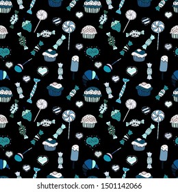Colorful Candy seamless pattern. On blue, black and white colors. Vector.