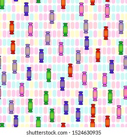 Colorful candy seamless pattern on white background. Paper print design. Abstract retro vector illustration. Trendy textile, fabric, wrapping. Modern space decoration.