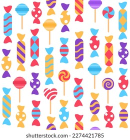 Colorful candy seamless pattern on white background. Shop store bright sweet wallpaper design. Tasty lollipop caramel bonbon candy hearts creative repeat tile. Confection dessert vector illustration.