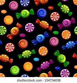 Colorful candy seamless pattern with sweets on black background. Vector illustration 