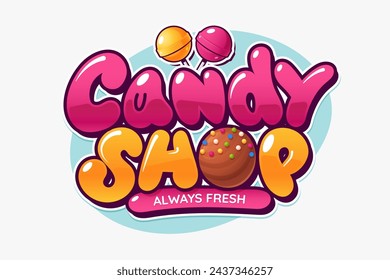 Colorido emblema de la tienda de dulces. Fuente puffy de color caramelo brillante decorado con piruletas y chocolate. Diseño de letrero de tienda dulce. Ideal para pegatinas, etiquetas o insignias. Ilustración vectorial.