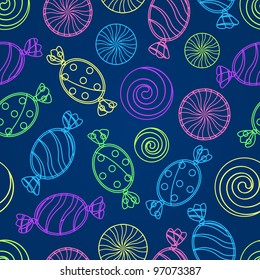 Colorful Candy Silhouette Seamless Pattern On Dark Blue Background