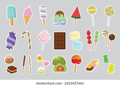 Conjunto de adesivo de doces coloridos e doces tratados - ilustração vetor bonito desenhado à mão. Perfeito para projetos com temas infantis, partido imprimível, embalagem de alimentos, decoração planejadora ou scrapbooking digital. 