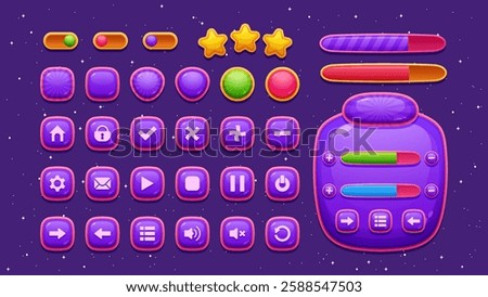 Colorful candy themed game interface featuring cartoon style vector menus, settings, and options. Perfect for 2D app designs, this set offers vibrant and engaging templates.