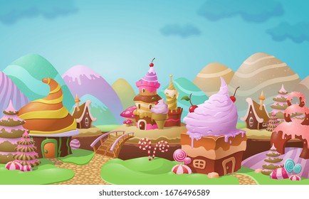 Colorido paisaje de pueblo de caramelos con repostería y crema de helado en casas de pan de jengibre y galletas decoradas con caramelos contra colinas coloridas de huevo de Pascua, ilustración vectorial