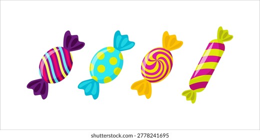 Colorful candy with wrapping illustration representing sweet treats confectionery desserts and playful snack concepts ideal for packaging advertising party visuals and fun food related design projects
