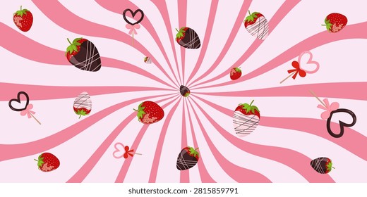 Colorful candy-inspired radial background with spinning pink and cream sunbeams and scattered strawberries. Bright cartoon swirl pattern ideal for flyers, posters, banners, wallpapers