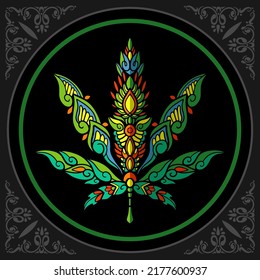 Colorful Cannabis Leaf Zentangle Arts Isolated On Black Background