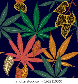 Colorful cannabis pattern. Seamless print with marihuana leaves. Template for cards, covers, textile design.