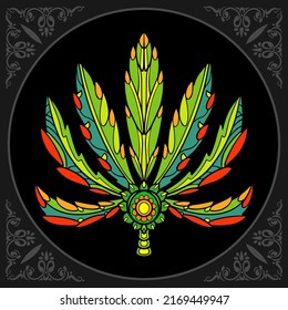 Colorful cannabis zentangle art. isolated on a black background.