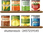 Colorful canned goods including vegetables and fish.