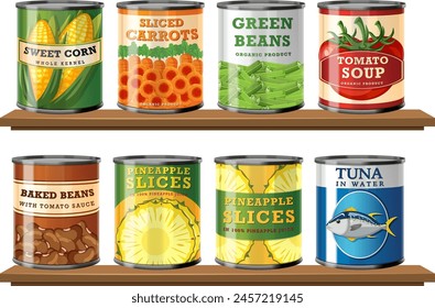 Colorful canned goods including vegetables and fish.