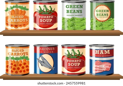 Colorful canned vegetables and meats on shelves.