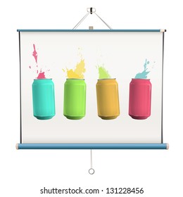 Colorful cans on projector screen. Vector design.