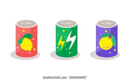 Coloridas latas de bebidas suaves Set. Dibujo manual de tiras cómicas de soda en latas de aluminio. Ilustraciones de latas de soda de aluminio. Kawaii diseño de moda de latas con bobinas de limón y relámpago de energía.