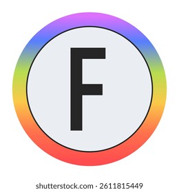 Colorful Capital Letter F in a Circle on Black: Purple, Blue, Green, Yellow, Orange, Red. Bold Typography. Design Element for Education, Branding, Creative Projects