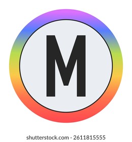 Colorful Capital Letter M in a Circle on Black: Purple, Blue, Green, Yellow, Orange, Red. Bold Typography. Design Element for Education, Branding, Creative Projects