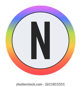 Colorful Capital Letter N in a Circle on Black: Purple, Blue, Green, Yellow, Orange, Red. Bold Typography. Design Element for Education, Branding, Creative Projects