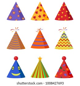 Colorful Caps set. Party hat cone collection. Accessory, symbol of the holiday. Birthday . Vector illustration. 