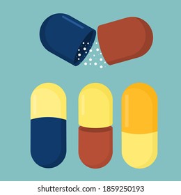 colorful capsules with the medicine. Concept of treatment and intake of dietary supplements