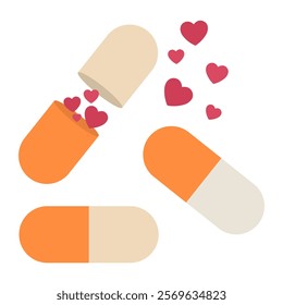 Colorful capsules with red hearts symbolize love, healthcare, and medication, minimal designs in cute vector style for Valentine's Day,  romance and affection concepts, isolated on a white background