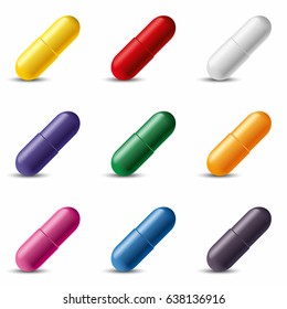 Colorful capsules. Vector illustration. Set of nine pills capsules in different colors on a white background.