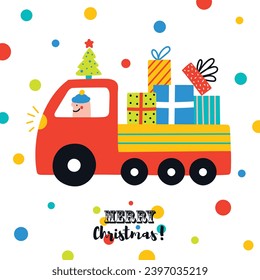 Colorful car are carrying Christmas trees and gift boxes. Cute Christmas card. 