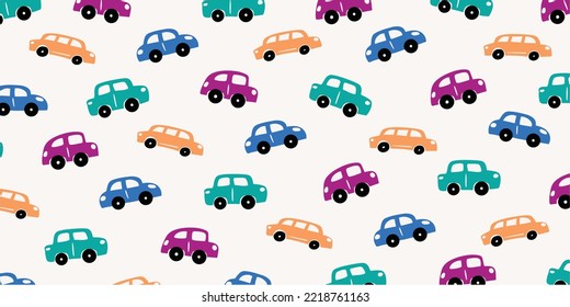 Colorful car in childish style for cute background illustration design. Wallpaper in pattern hand drawn style