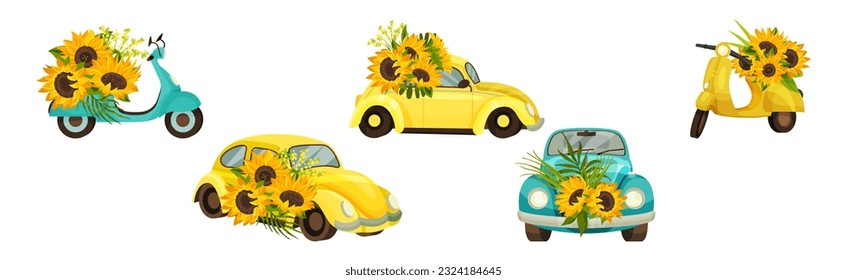 Farbiges Auto und Moped mit Sonnenblumen Vektor Set