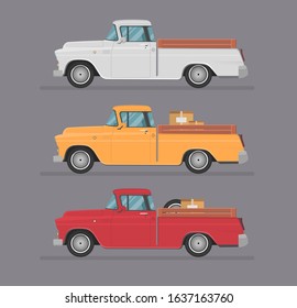 Colorful car set. Isolated auto icon kit. Side view. Cartoon vintage pickup on grey background.