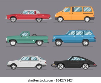 Colorful car set. Isolated auto icon kit. Side view. Cartoon vintage muscle car, sedan, pickup, van, suv, hatchback, sport car on grey background.