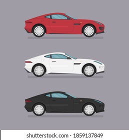 Colorful car set. Isolated auto icon kit. Side view. Cartoon sport car on grey background.