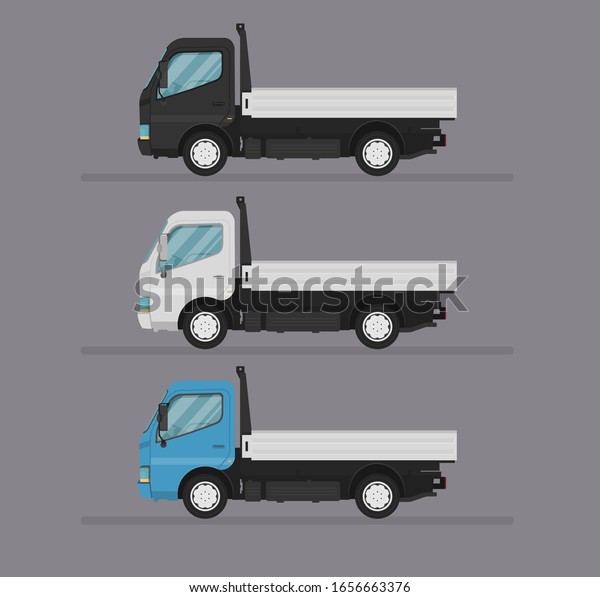 Colorful car set. Isolated auto icon kit.\
Side view. Cartoon truck on grey\
background.