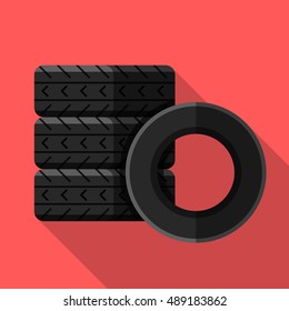 Colorful car tires icon in modern flat style with long shadow. Car parts and service vector illustration