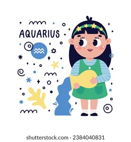 Colorful card with Aquarius zodiac sign. Kids characters with Astrological horoscope symbols. Hand drawn vector illustration in cartoon style with lettering