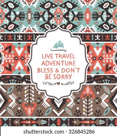 Colorful card in aztec style with seamless pattern