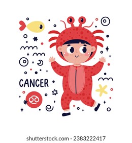 Colorful card with Cancer zodiac sign. Kids characters with Astrological horoscope symbol. Hand drawn vector illustration in cartoon style with lettering