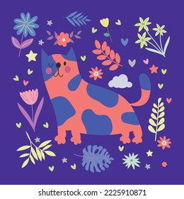 Colorful card with cat and flowers on dark background Scandinavian cartoon style. For web, posters, invitations, postcards, greeting cards, flyers, etc. EPS