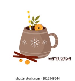 Colorful card with cup of cocoa and spices. Winter greetings. Vector illustration